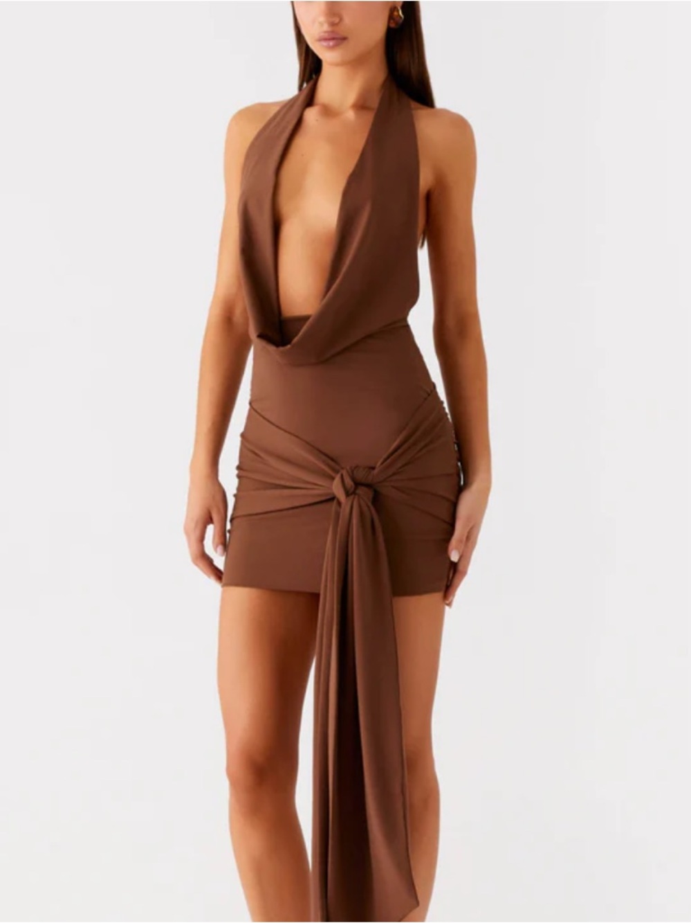 Brown Halter Neck Knot-Front Mini Dress